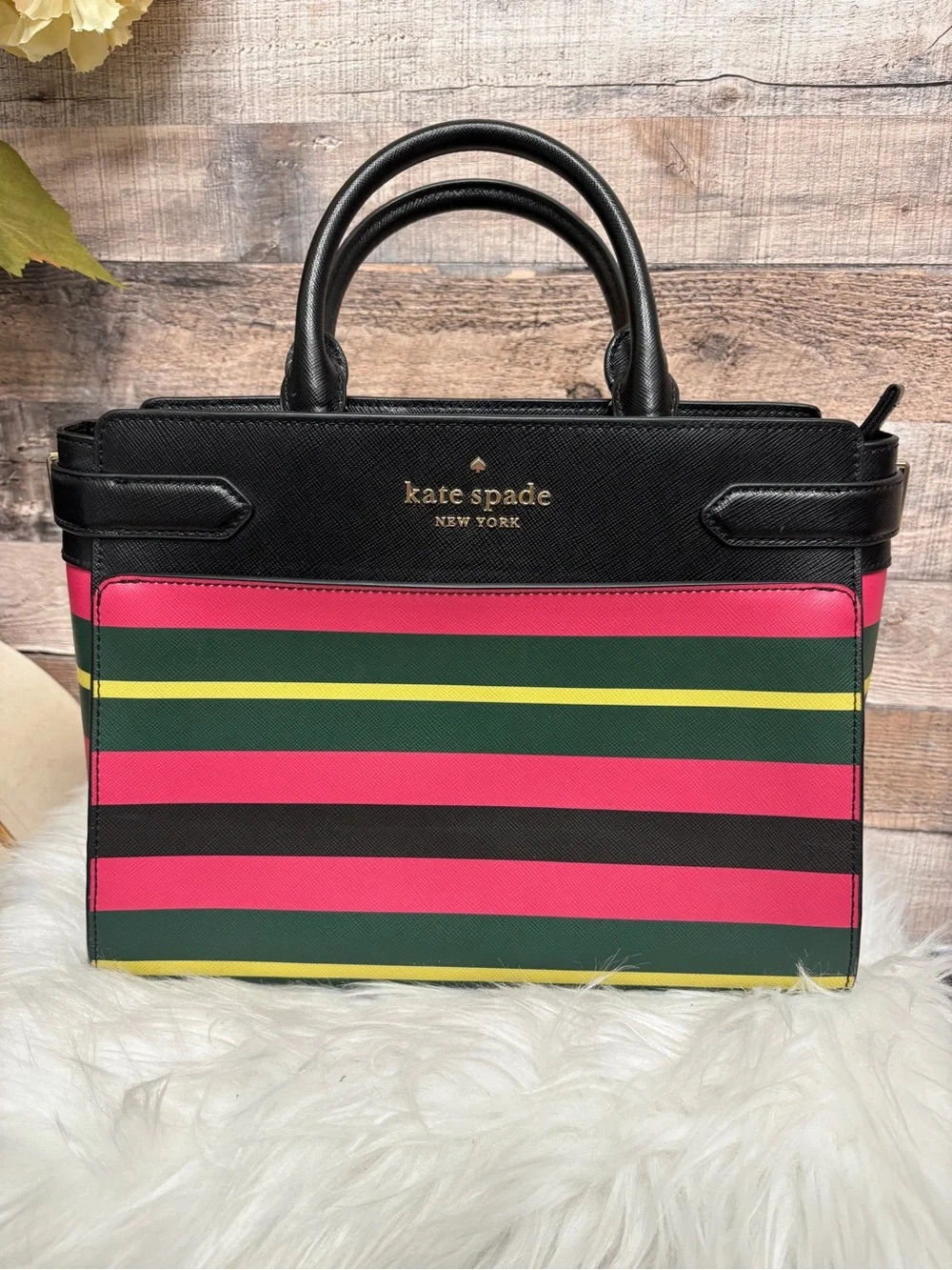 Kate Spade Black w/ Pink, Green, and Yellow Striped Saffiano Leather Satchel - Picture 1 of 7